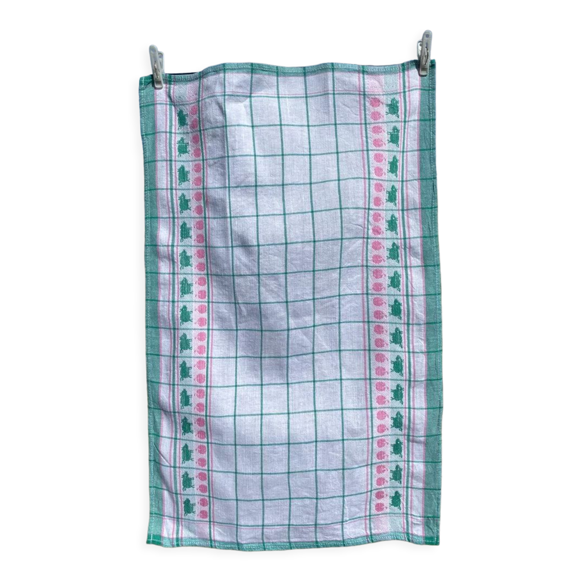 Torchon vintage "cochon et pomme" vert - 50x70cm - métis