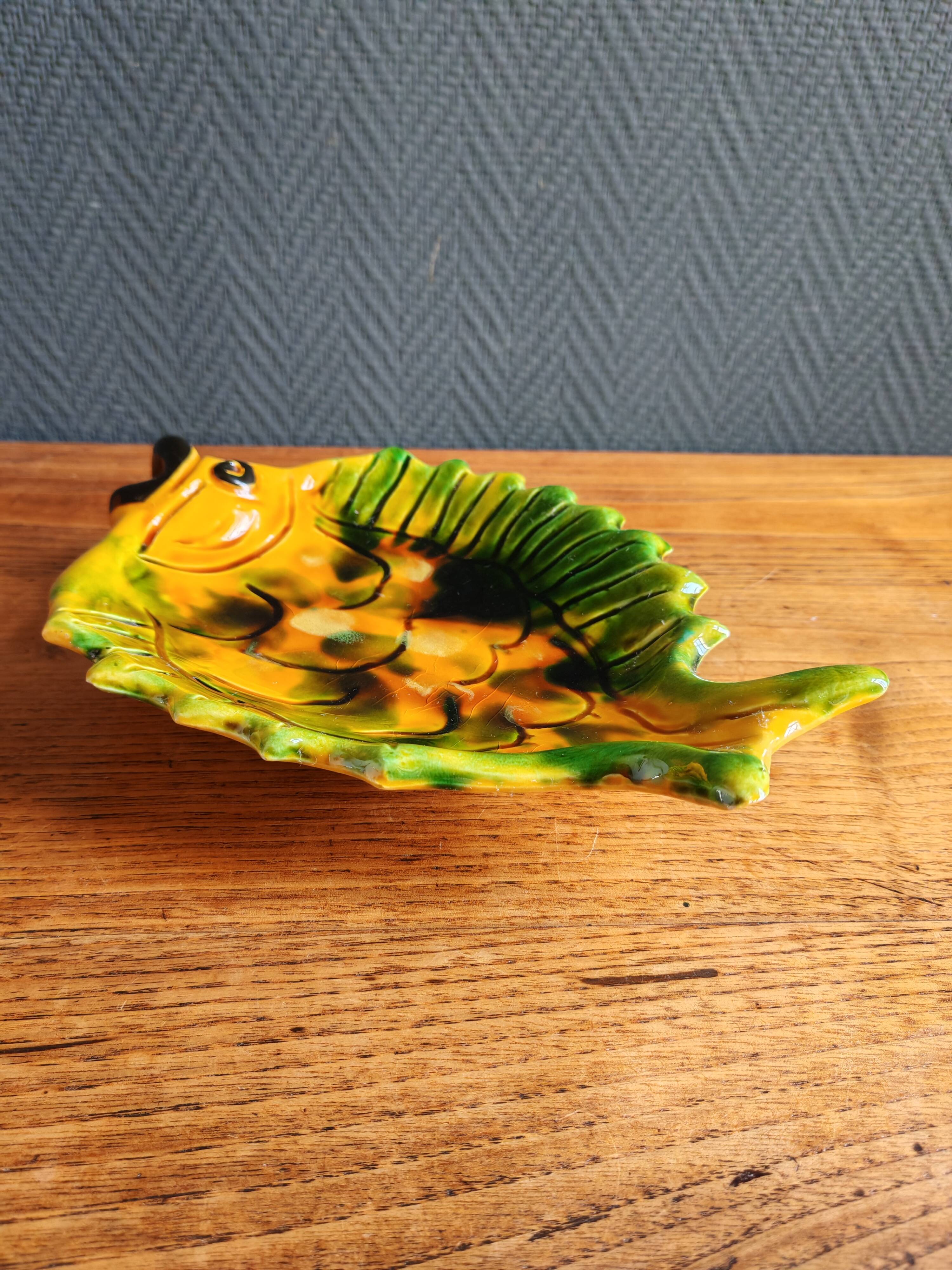 Vintage Fish Plate in Barbotine – Yellow Fish Serving Dish