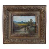 Painting on old panel framed and signed, cow and farmer