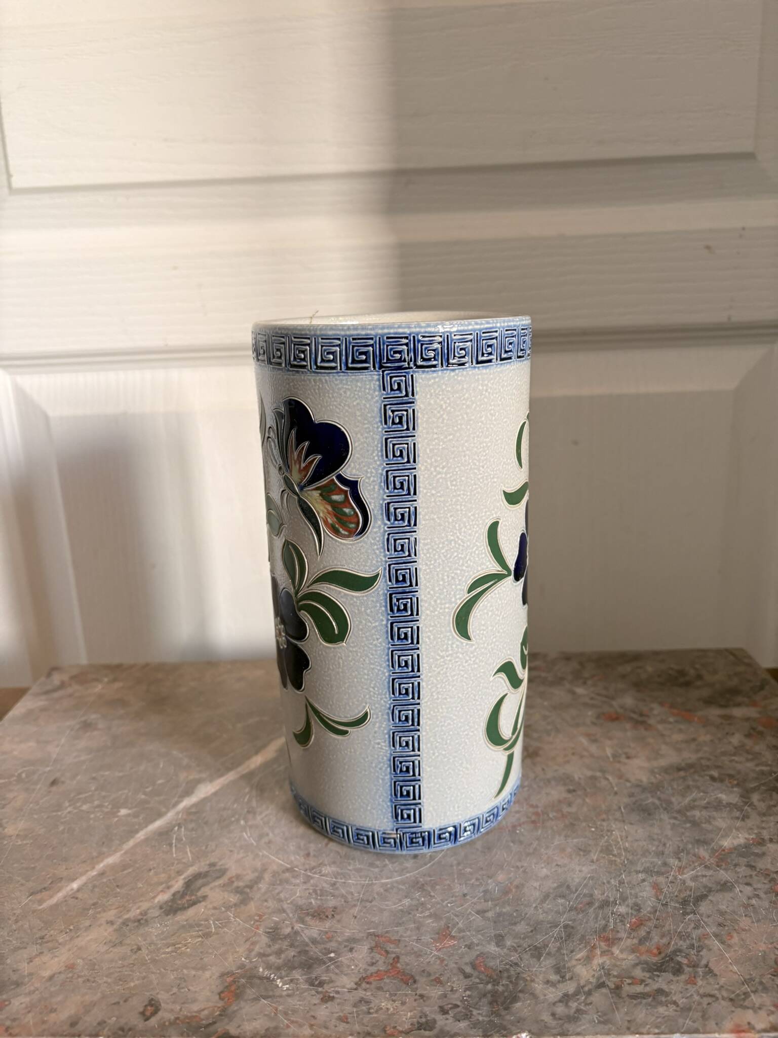 Old Stoneware Vase Ceramic Alsace Flowers Signed Paul Schmitter 1994 Unique