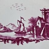 4 old Gien soup plates, pink landscape pattern, 1938/1960