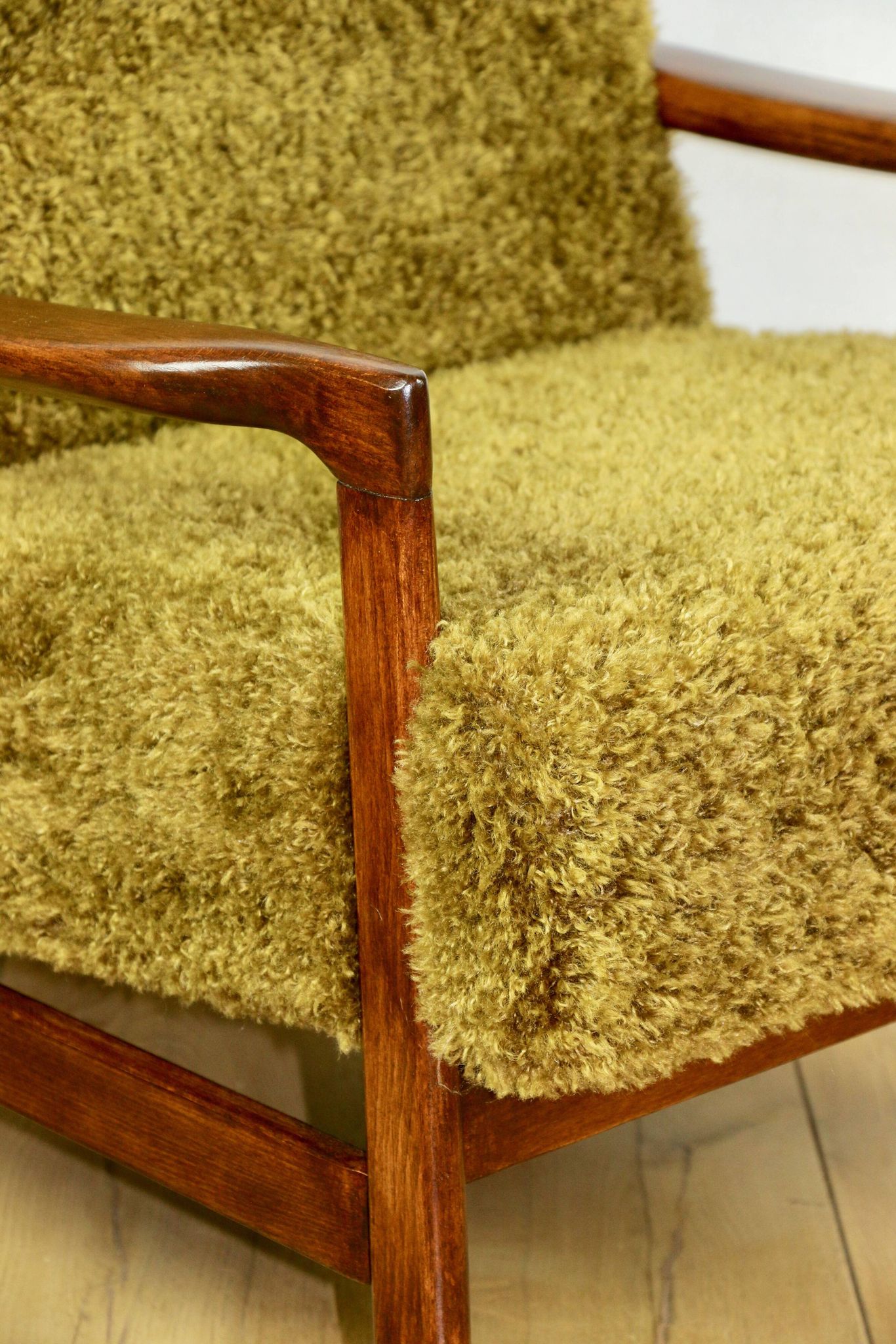 Wooden vintage brown armchair Khaki / Olive long hair Fox by Z. Bączyk - 2 pieces available