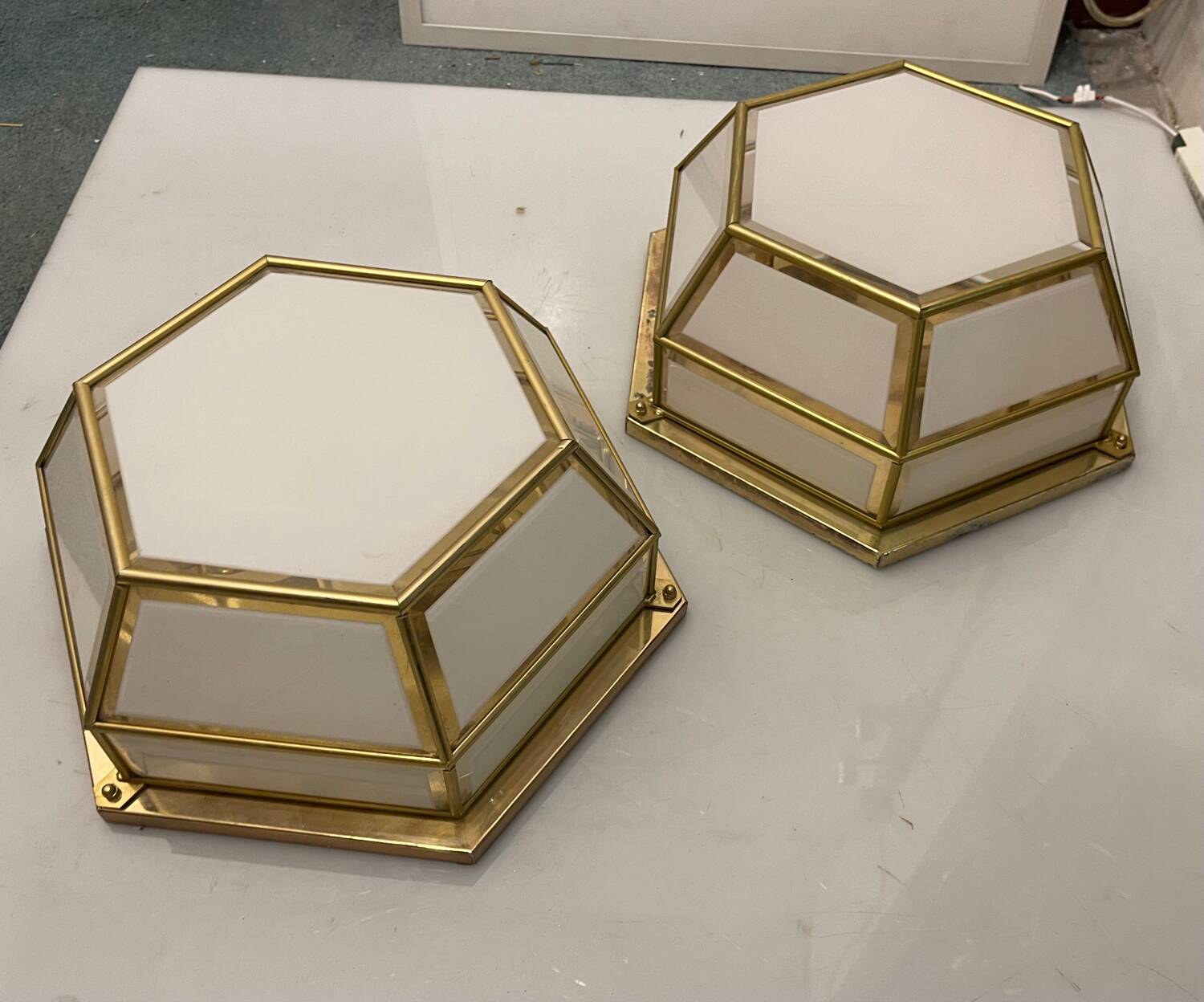 Hexagonal Brass Glass Sconces Set of 2