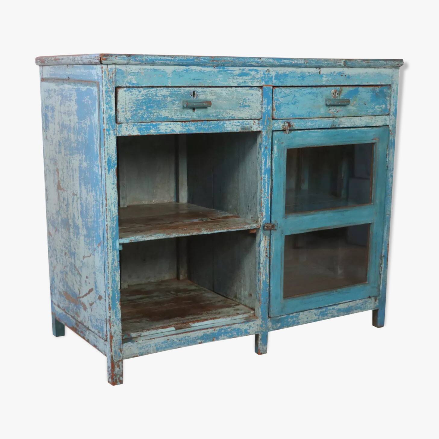Old Burmese teak sideboard with original blue patina