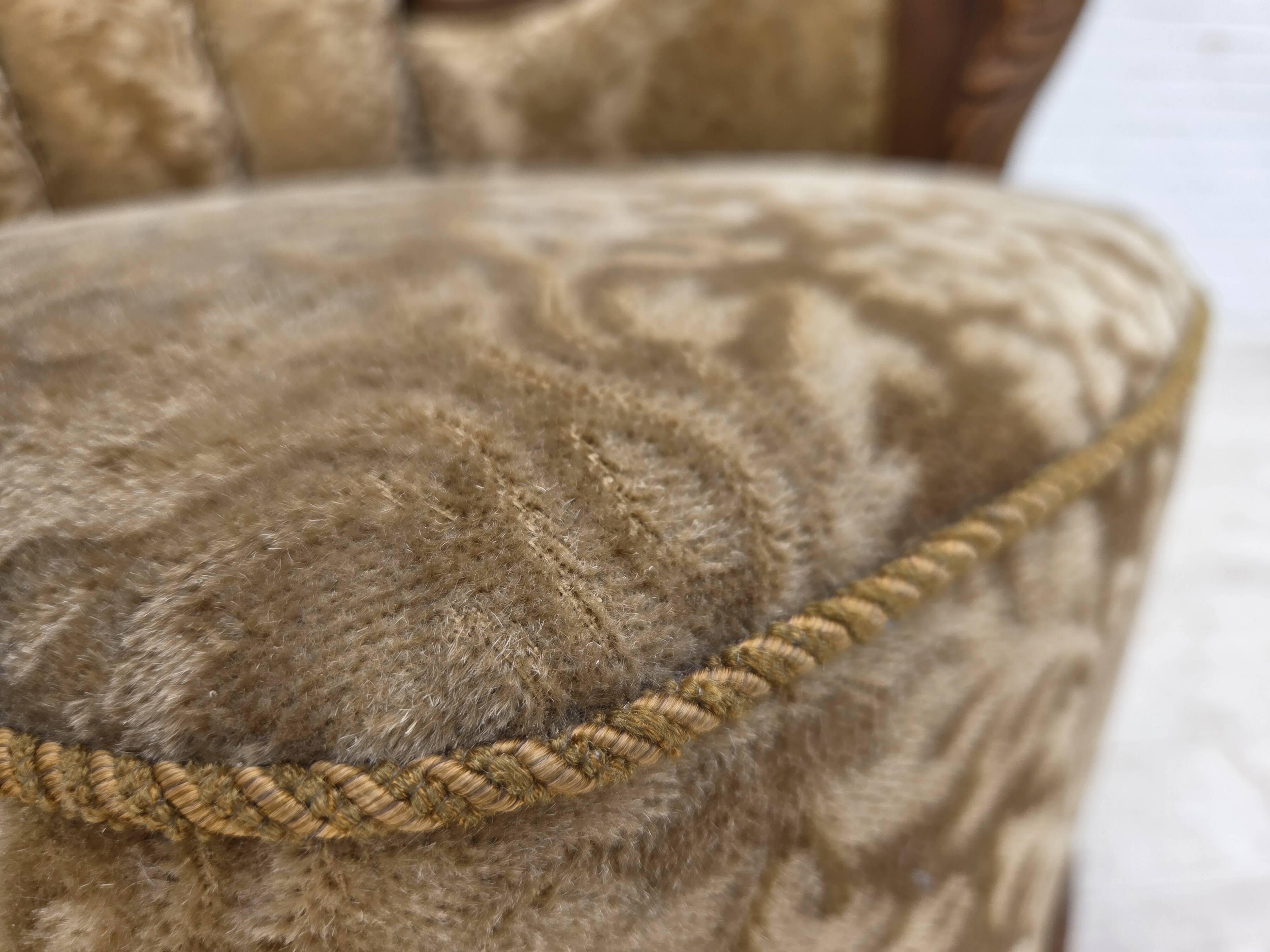 1950s, Danish relax armchair, furniture velour, carved oak wood.