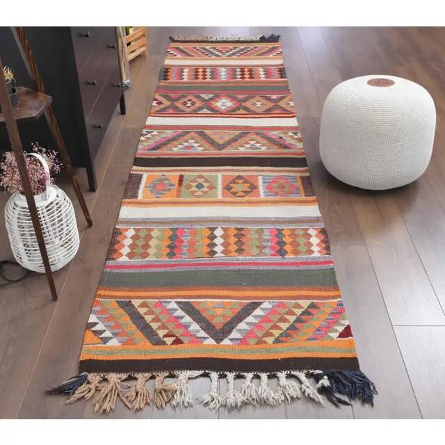 1970s Vintage Turkish Hand-Knotted Wool Cotton Orange Runner Rug 87x322