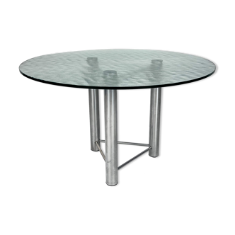 Table à manger italienne postmoderne en acier et en verre, années 1980