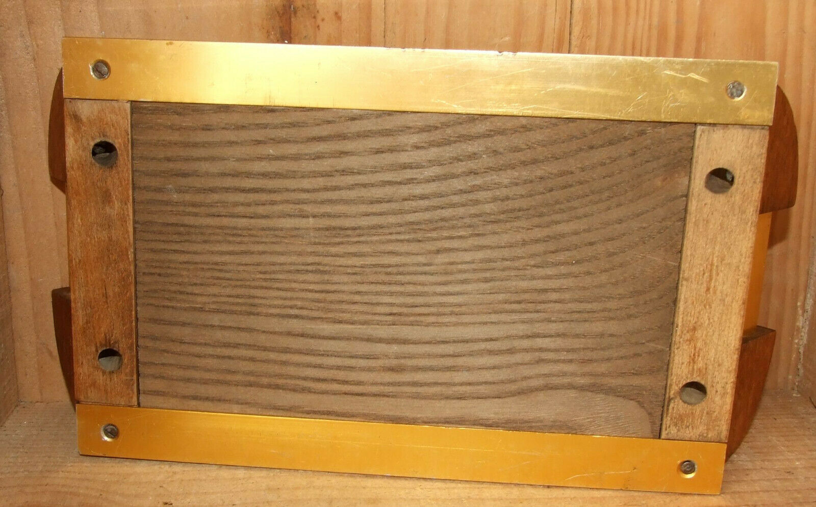 Golden aluminum wooden tray & rectangular mirror circa 1950