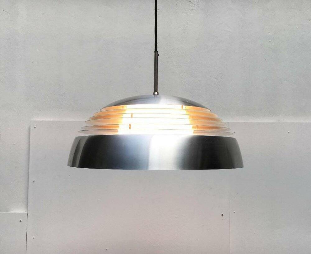 German pendant lamp in aluminium and glass from the Mid-Century space by Doria, 1960s.