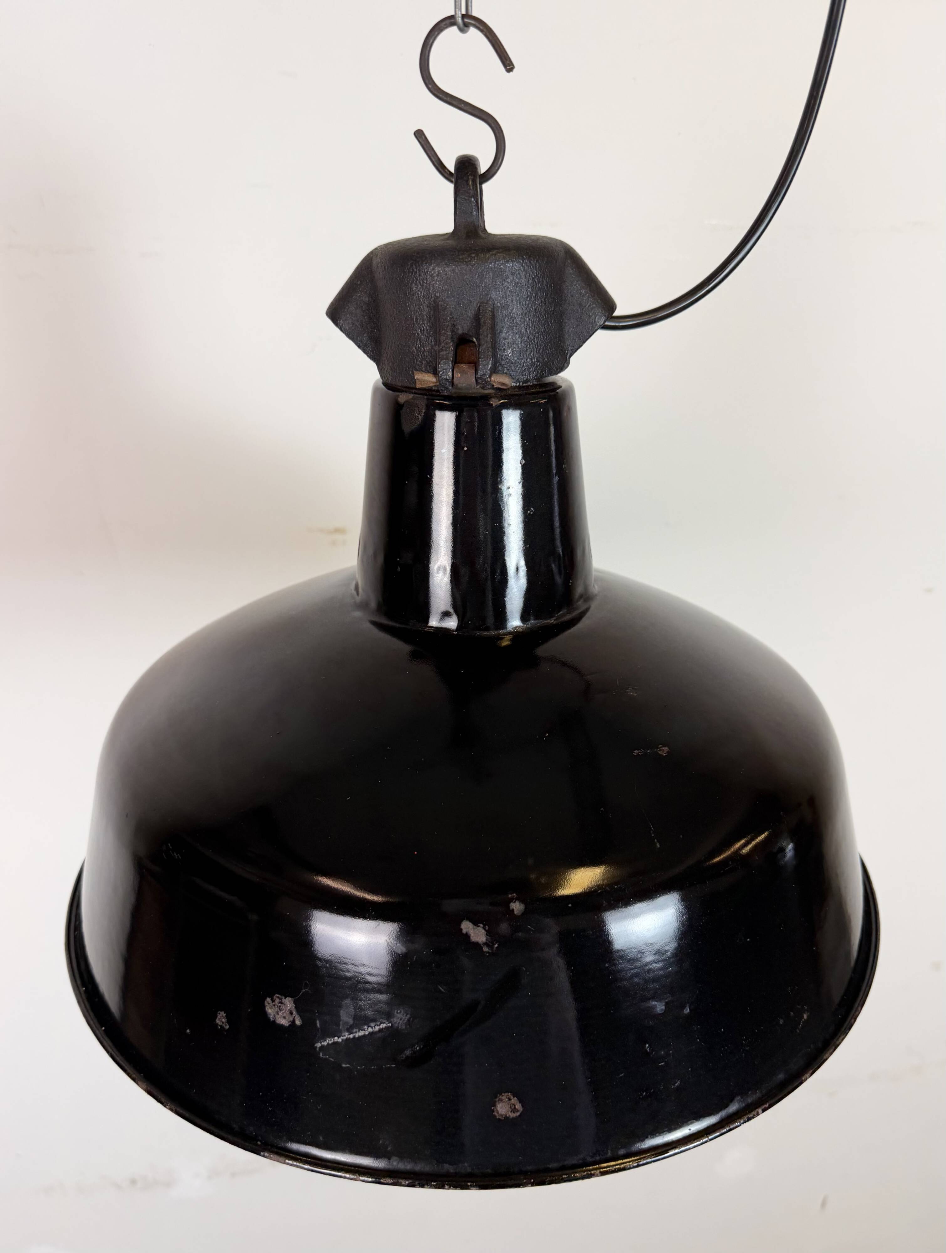 Industrial Black Enamel Factory Lamp with Cast Iron Top, 1950s