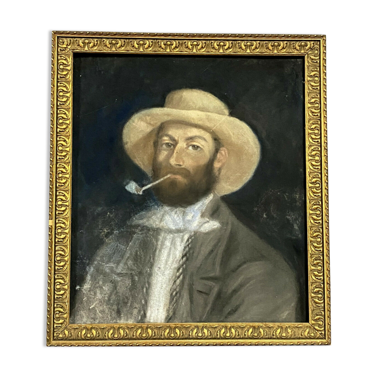 École Française vers 1900 l'homme au chapeau pastel sur fond noir
