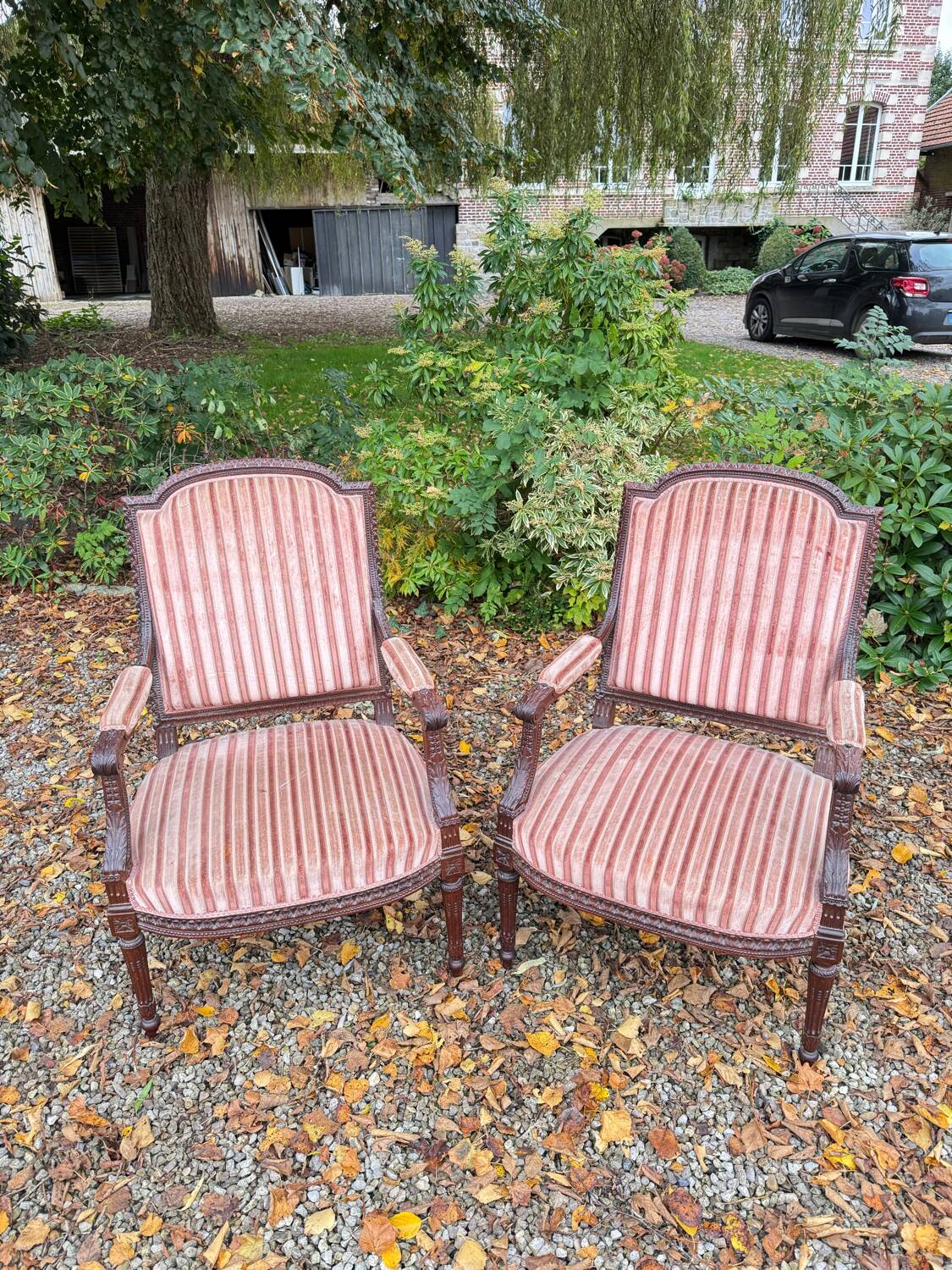 Pair of Louis XVI Style Mahogany Flat Back Armchairs, 19th Century
