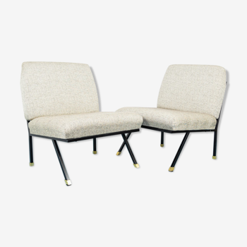 Ensemble 2 fauteuils tissu mixte coton laiton métal années 70