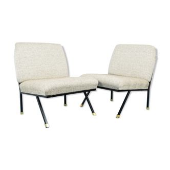Set 2 armchairs woven cotton brass metal 1970