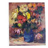 Oil on canvas expressionist colourful flowers in a blue vase.