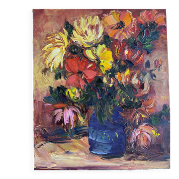 Oil on canvas expressionist colourful flowers in a blue vase.