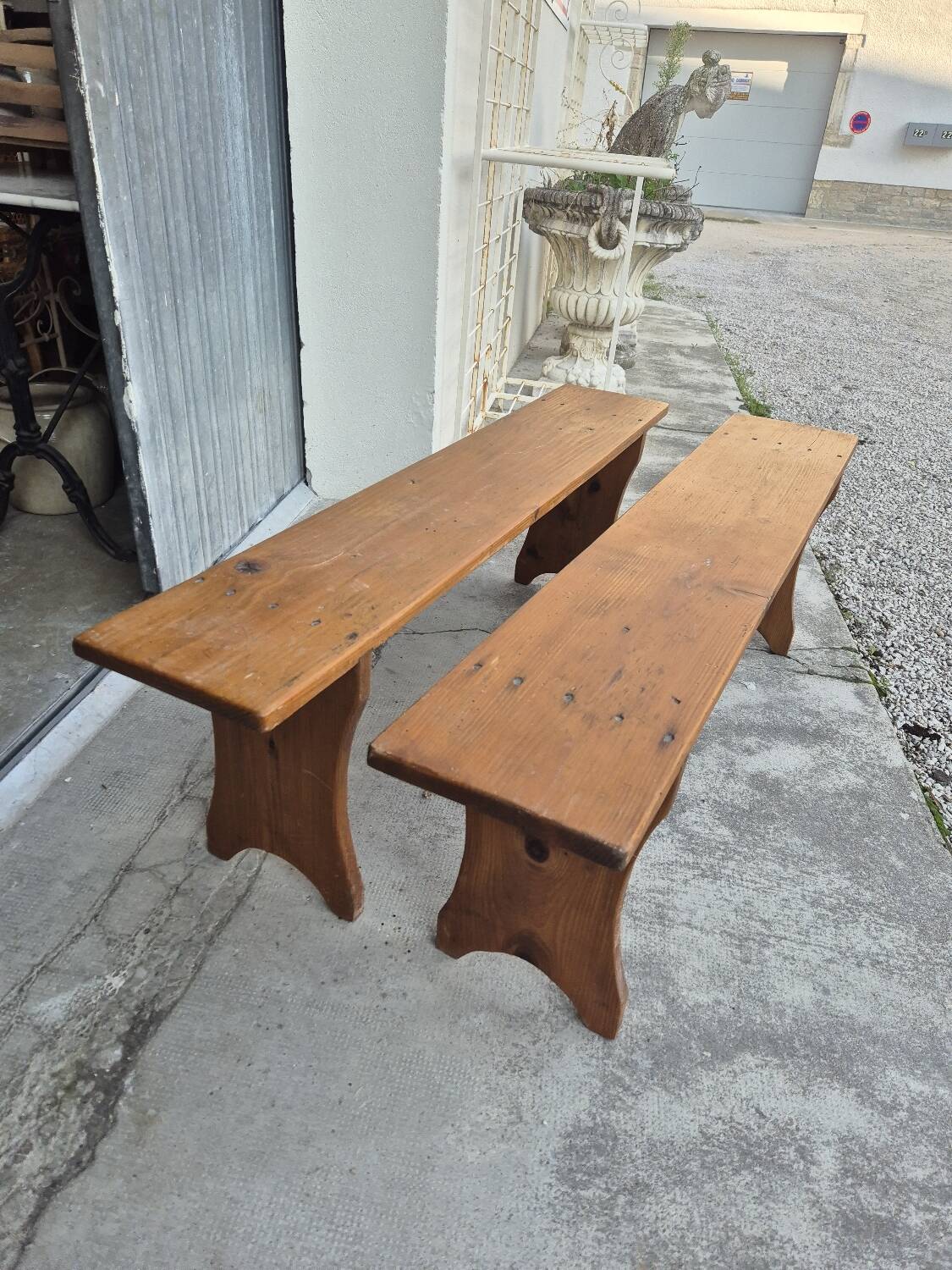 Set of 4 farm benches in old fir 1950s - 1m30