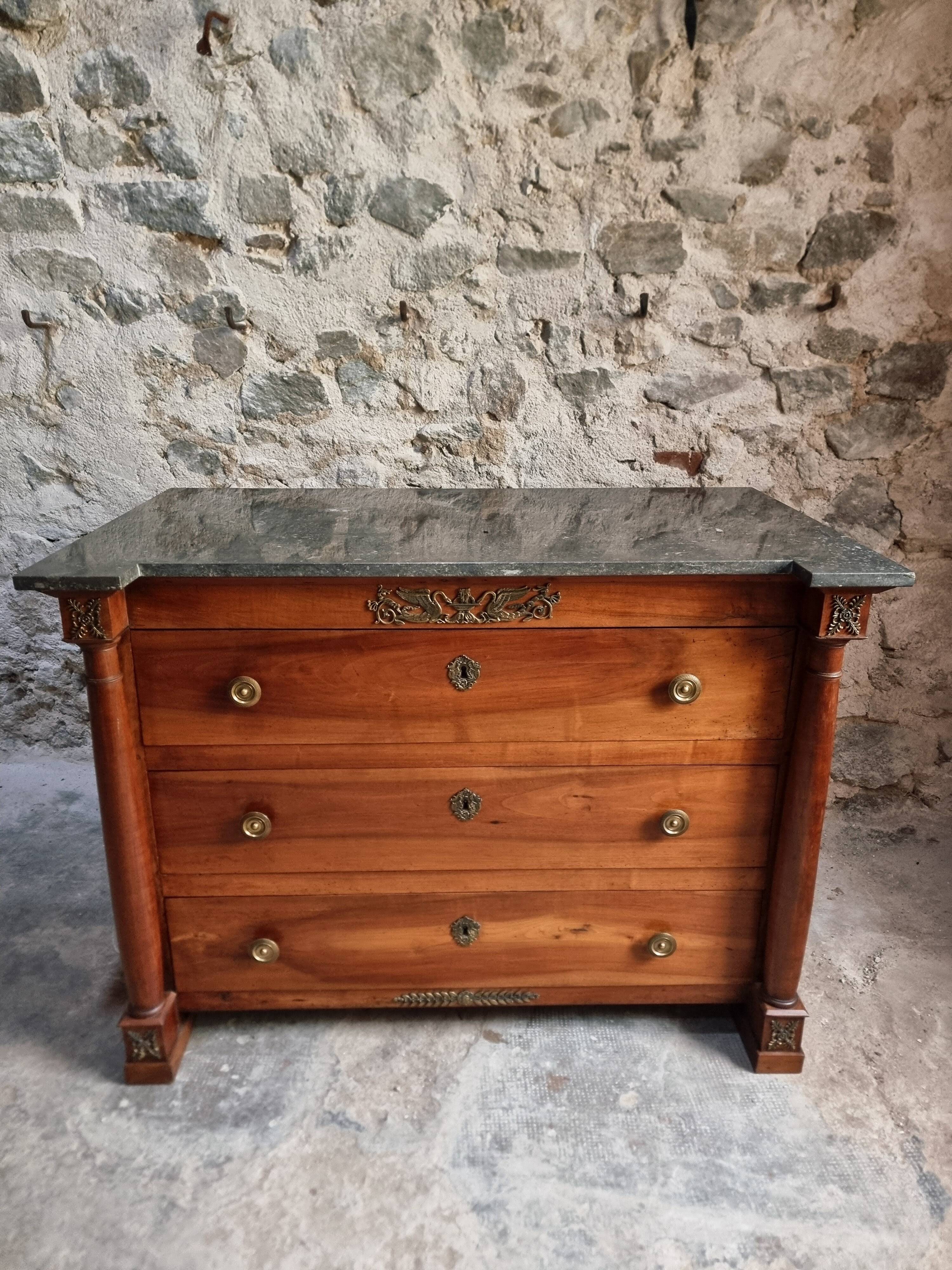 Antique commode, walnut and oak, marble top, 3 drawers, France circa 1820–1850.