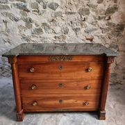 Antique commode, walnut and oak, marble top, 3 drawers, France circa 1820–1850.