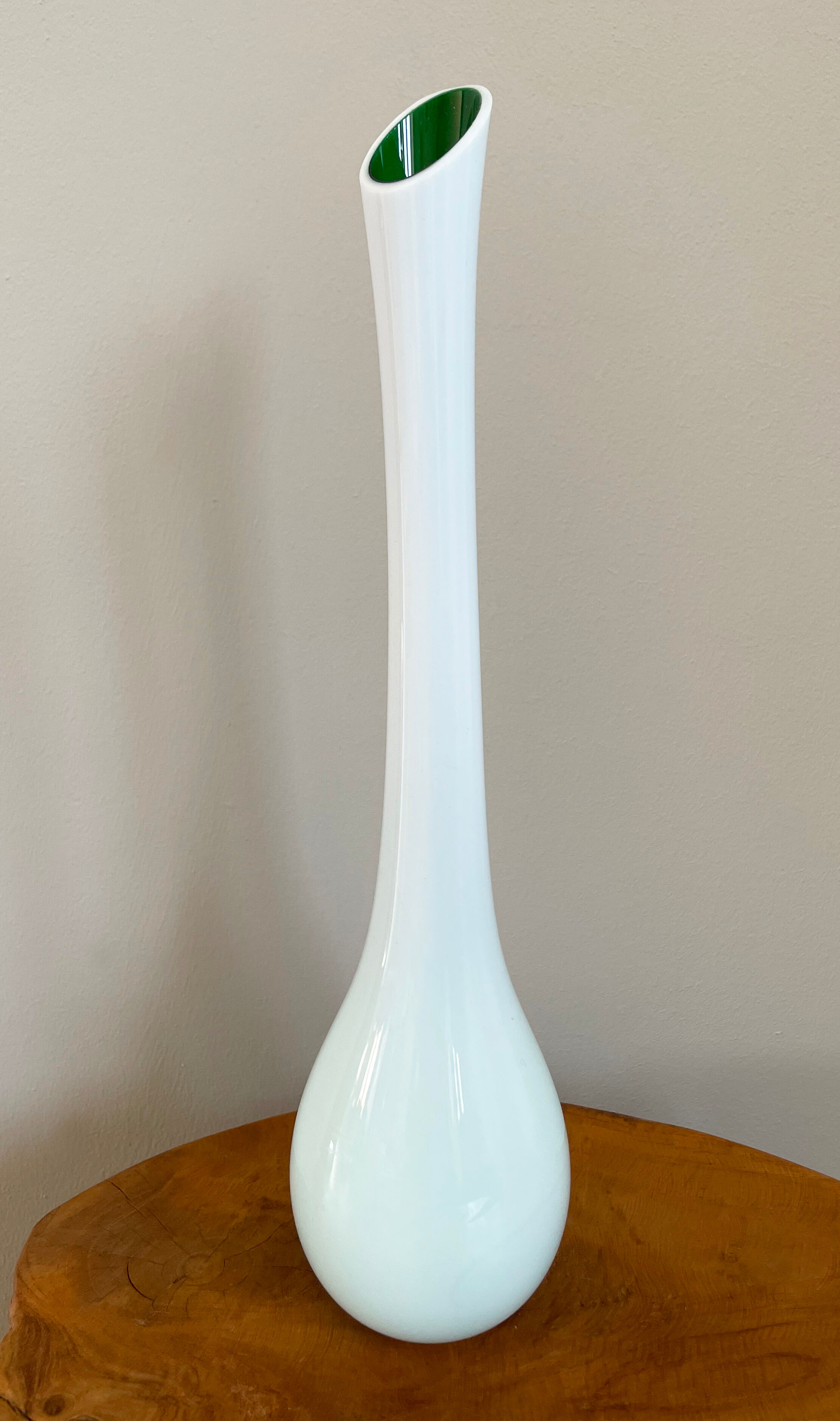 White and Green Long-Neck Vase, Handblown Coloured Glass, Single Flower Vase