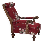 1920-30s, Danish armchair, furniture cotton fabric, hand carved oak wood.