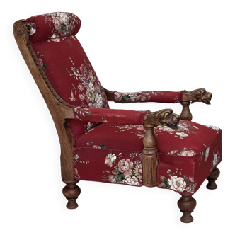 1920-30s, Danish armchair, furniture cotton fabric, hand carved oak wood.