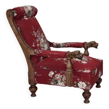 Fauteuil danois des années 1920-30, tissu en coton, bois de chêne sculpté à la main.
