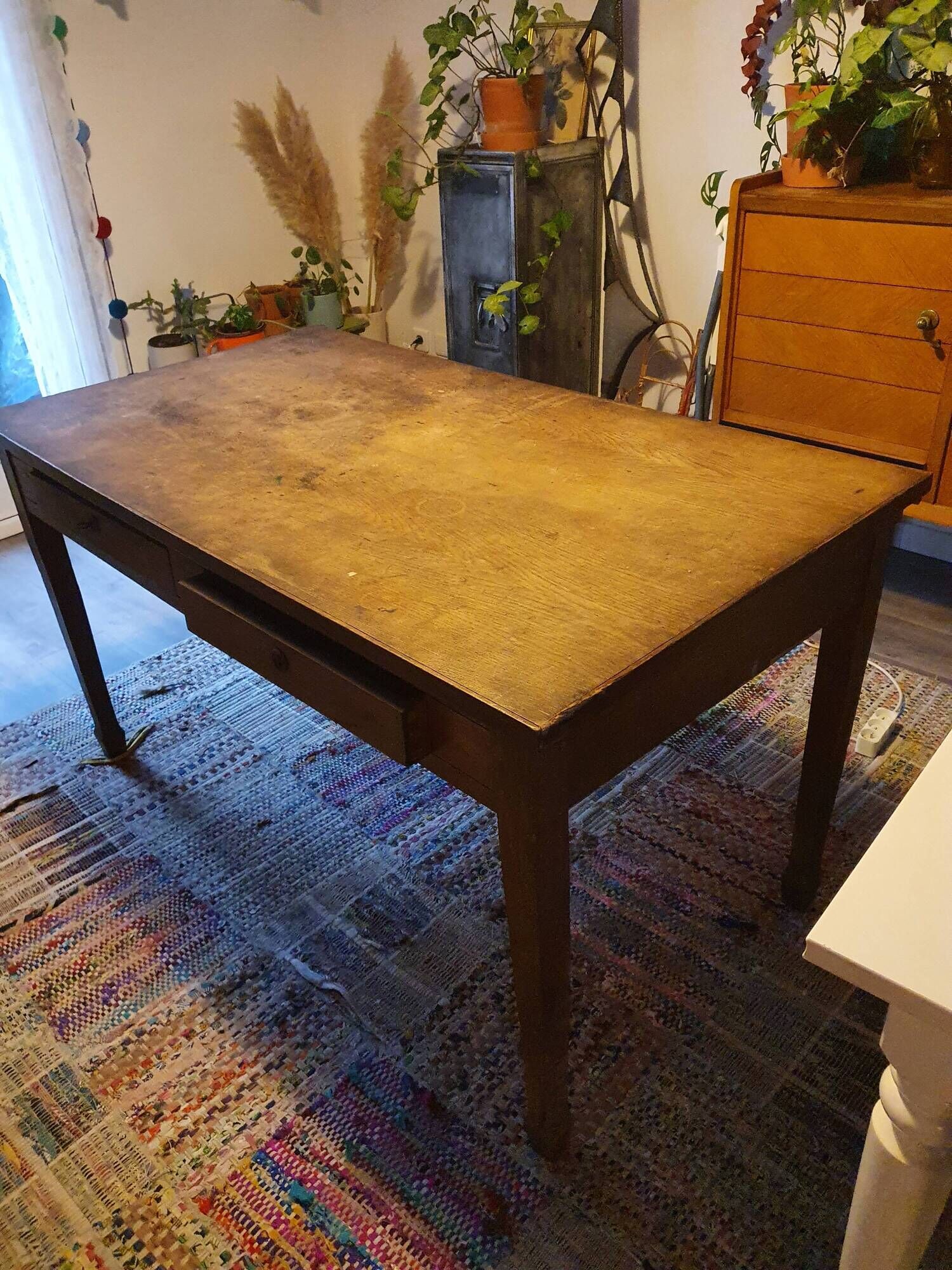 Vintage wooden antique farmhouse table with 2 drawers and their key