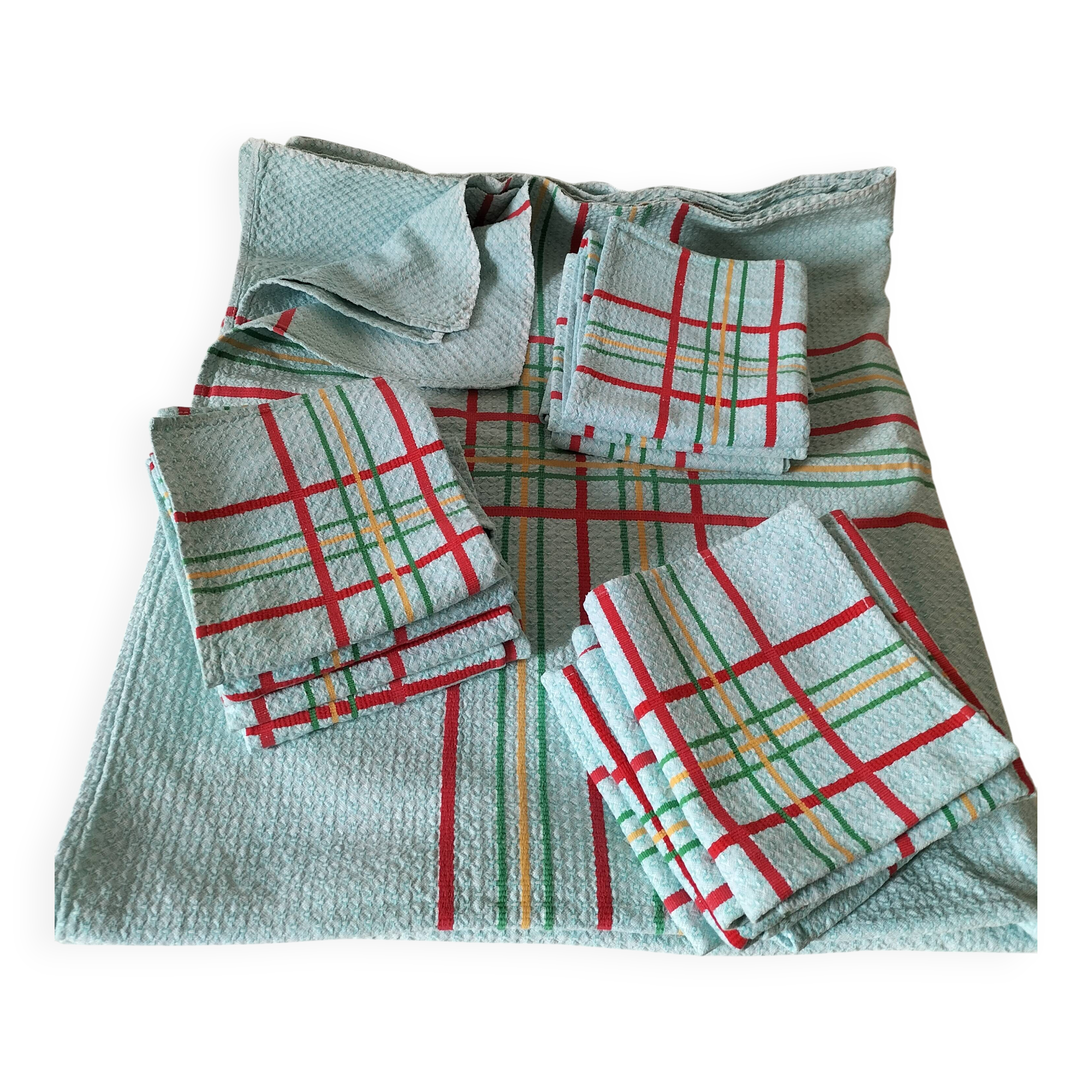 Ensemble nappe et 11 serviettes coton damassé vintage