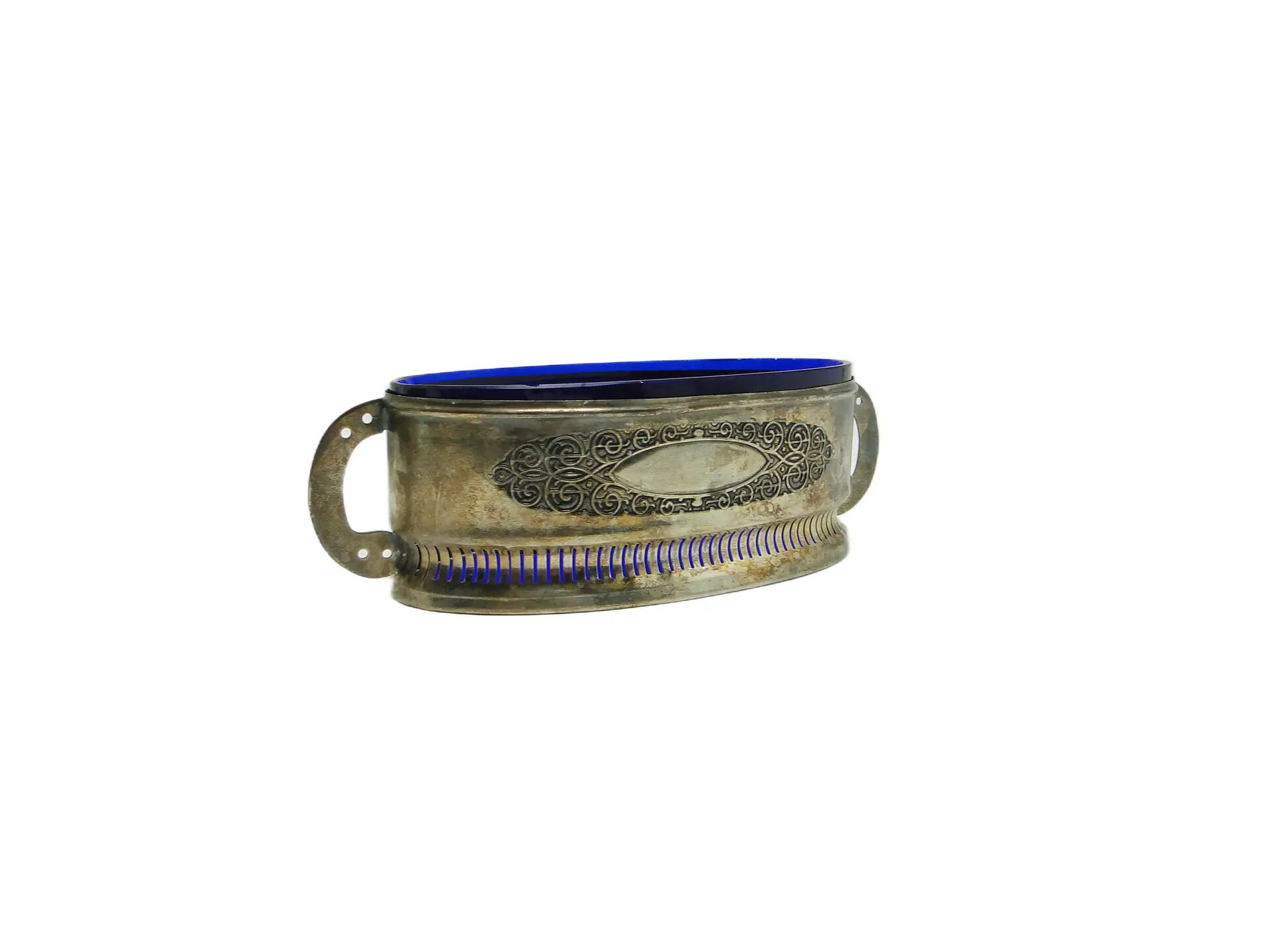 Art Nouveau jardiniere, silver-plated brass, cobalt glass, United Kingdom, 1960s.