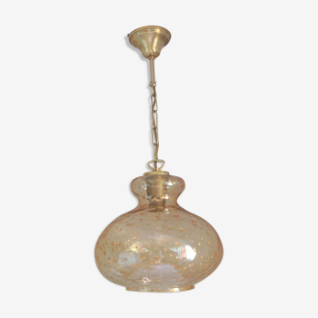 Suspension globe en verre bullé ambré et pailleté /vintage années 60-70