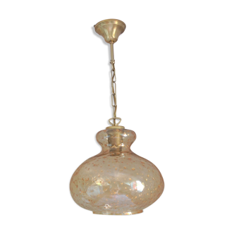 Globe suspension in amber and glittery bubbled glass / vintage 60s-70s