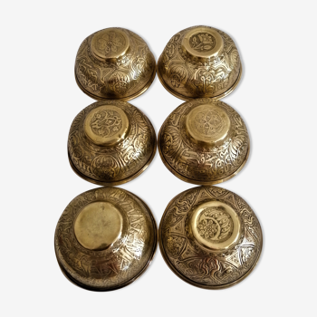 Series of 6 oriental brass bowls, calligraphy