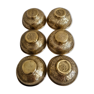 Series of 6 oriental brass bowls, calligraphy