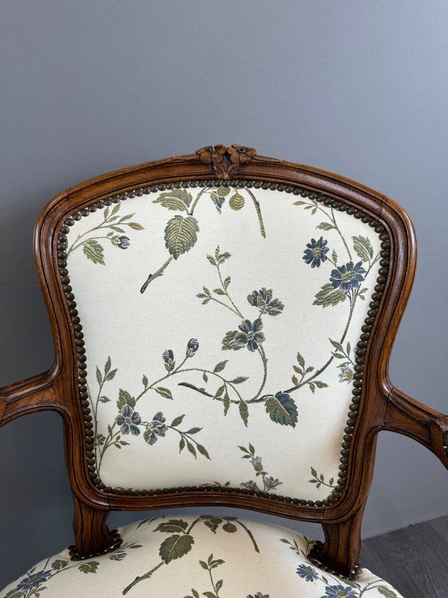 Pair of Louis XV Style Armchairs and Two Footstools, 19th Century