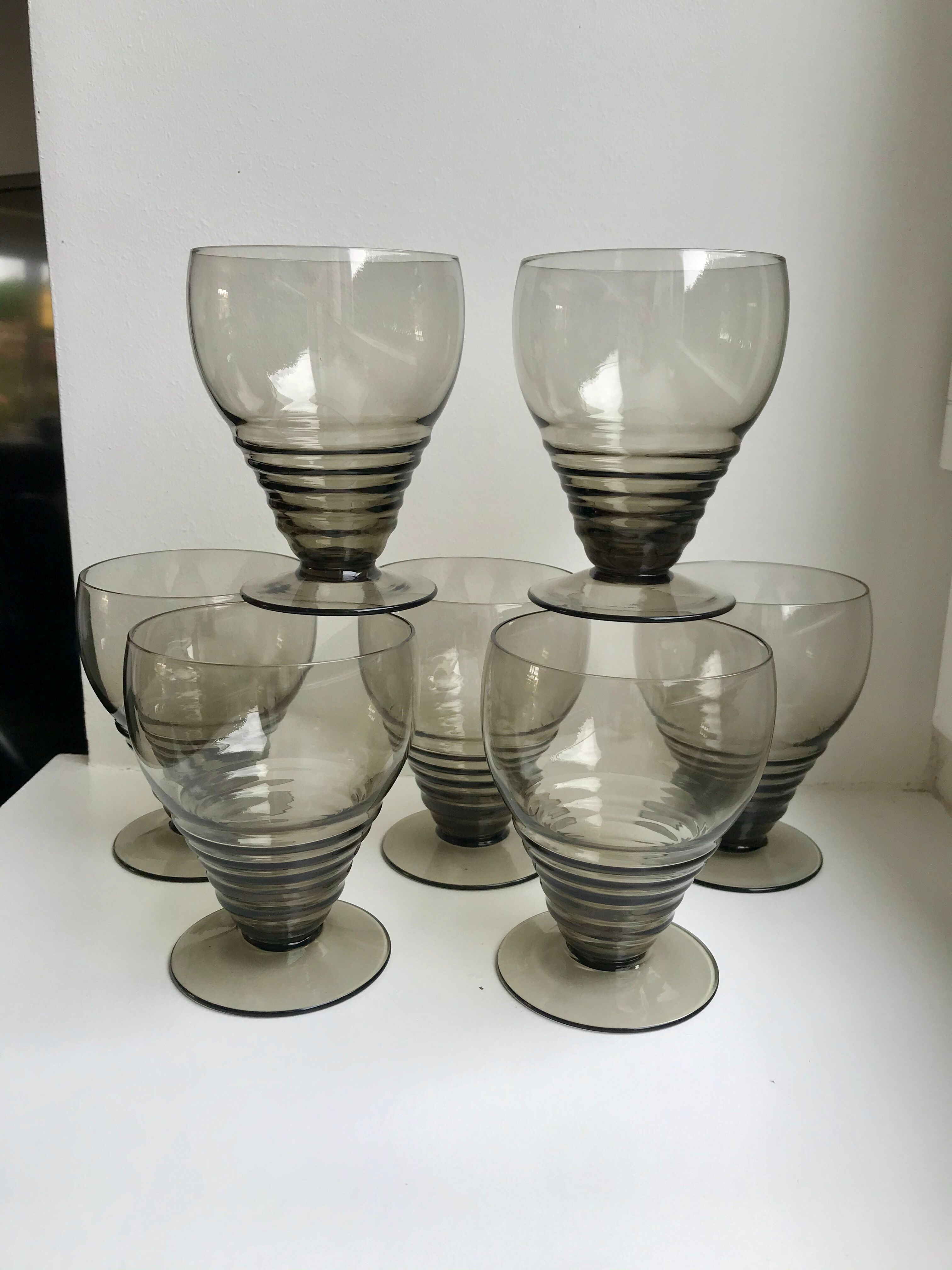 Set of 7 wine glasses  art deco smoked glass years 30-40