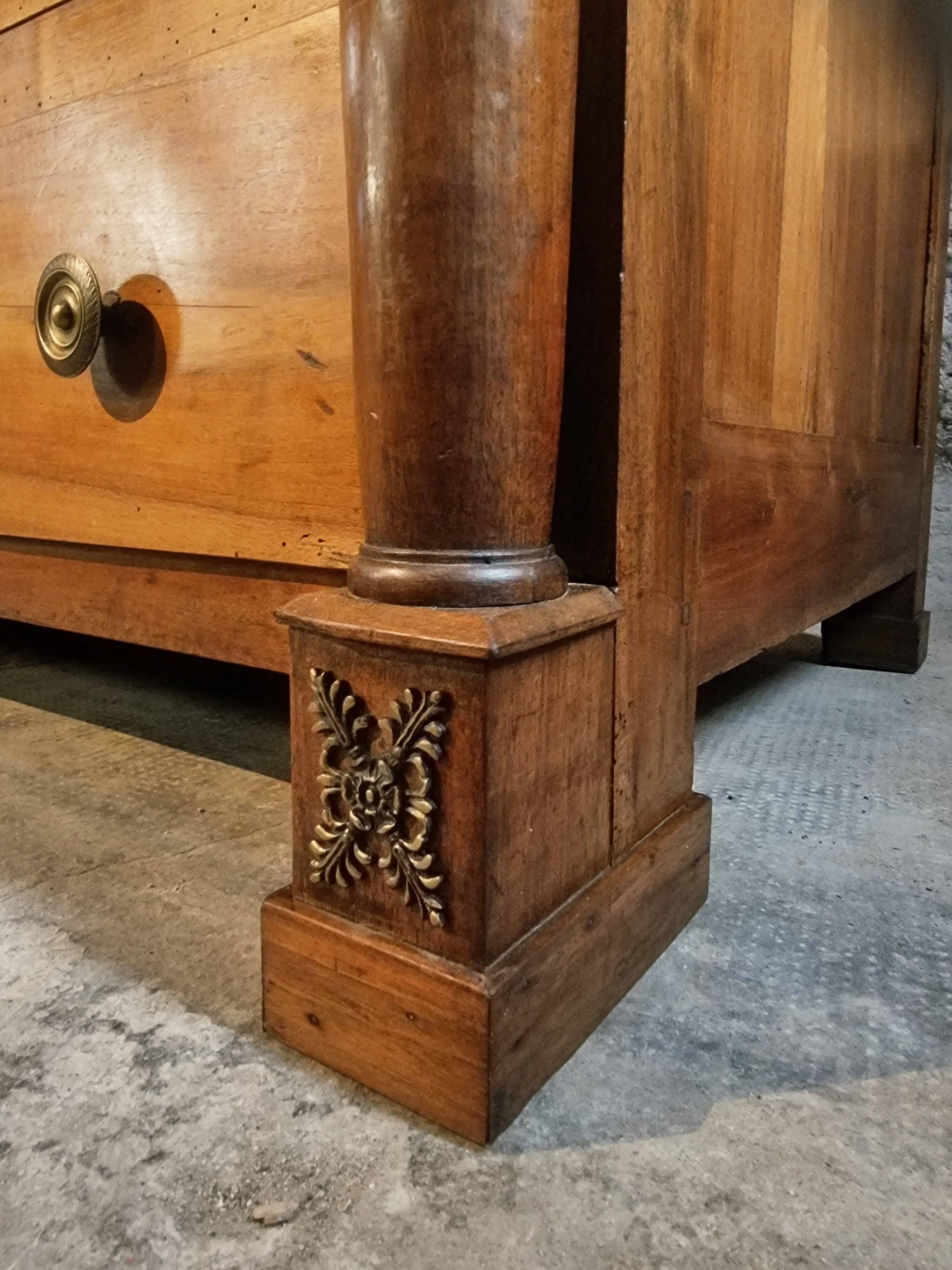 Antique commode, walnut and oak, marble top, 3 drawers, France circa 1820–1850.