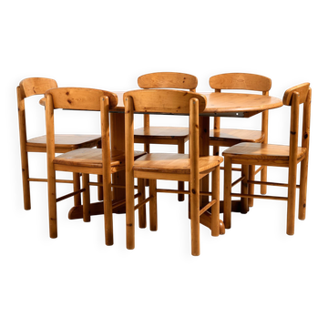 Pine dining set by Rainer Daumiller, Set of 7