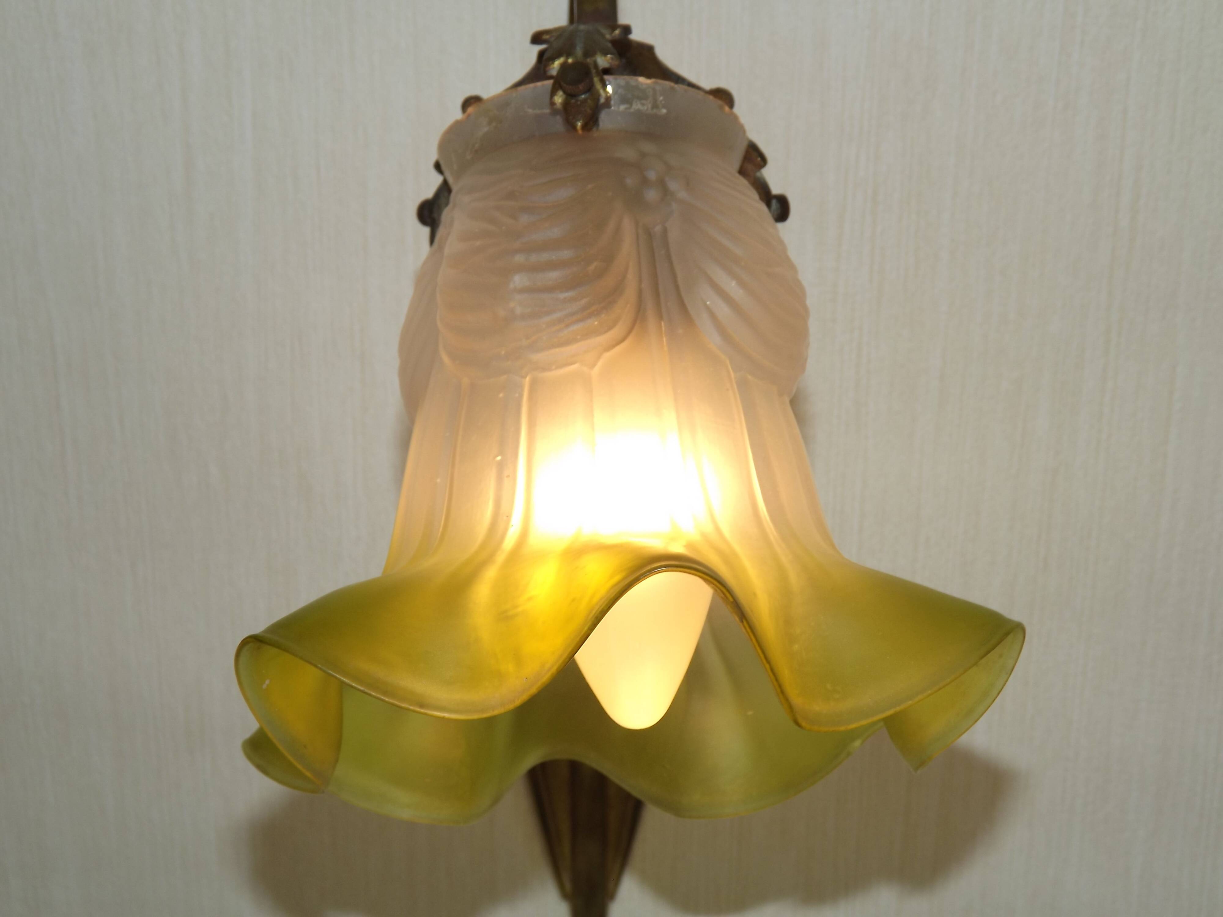 French Art Deco Brass Single Wall Light Rose Bud White & Green Shade 5507