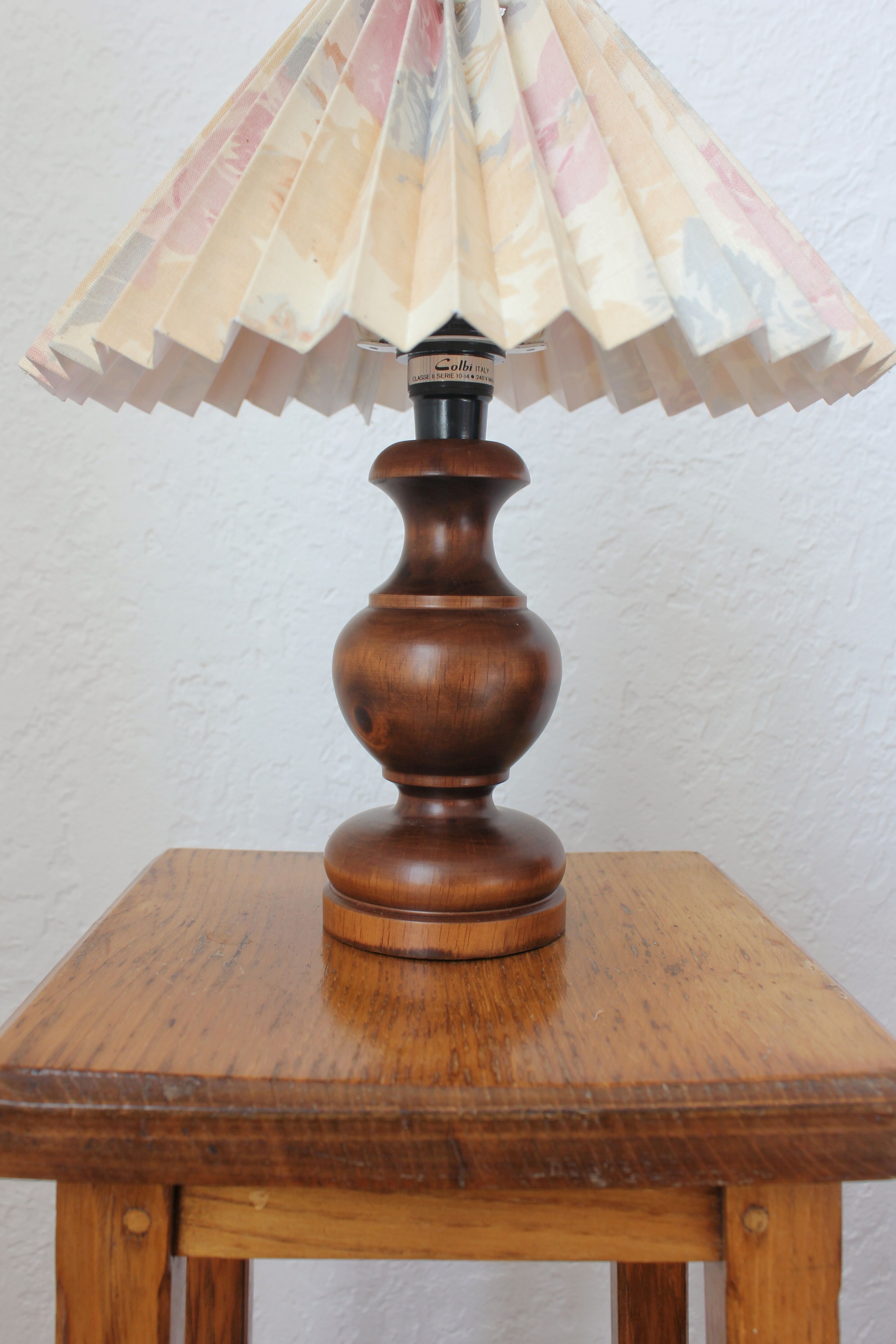 Wooden table lamp with vintage floral pleated lampshade