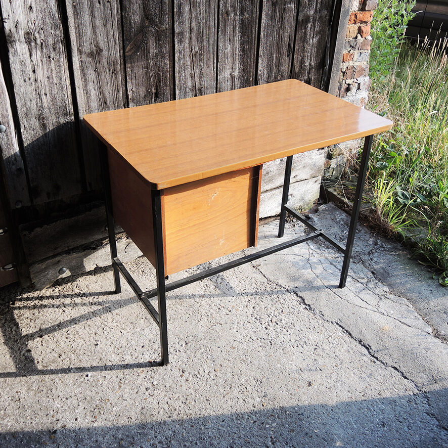 Vintage formica and metal desk with matching chair.