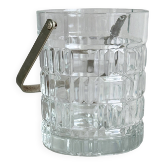 Clear glass ice bucket, geometric design.