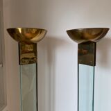 Paire de grands lampadaires en verre et laiton années 70