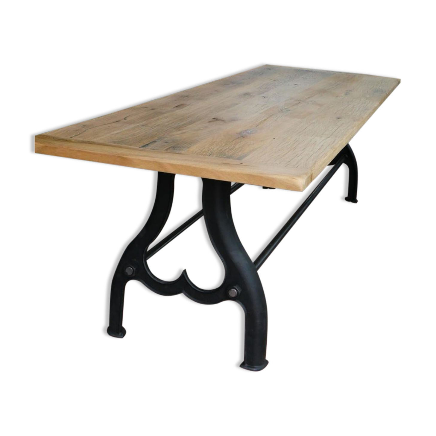 Industrial table solid oak tray and cast-iron footing