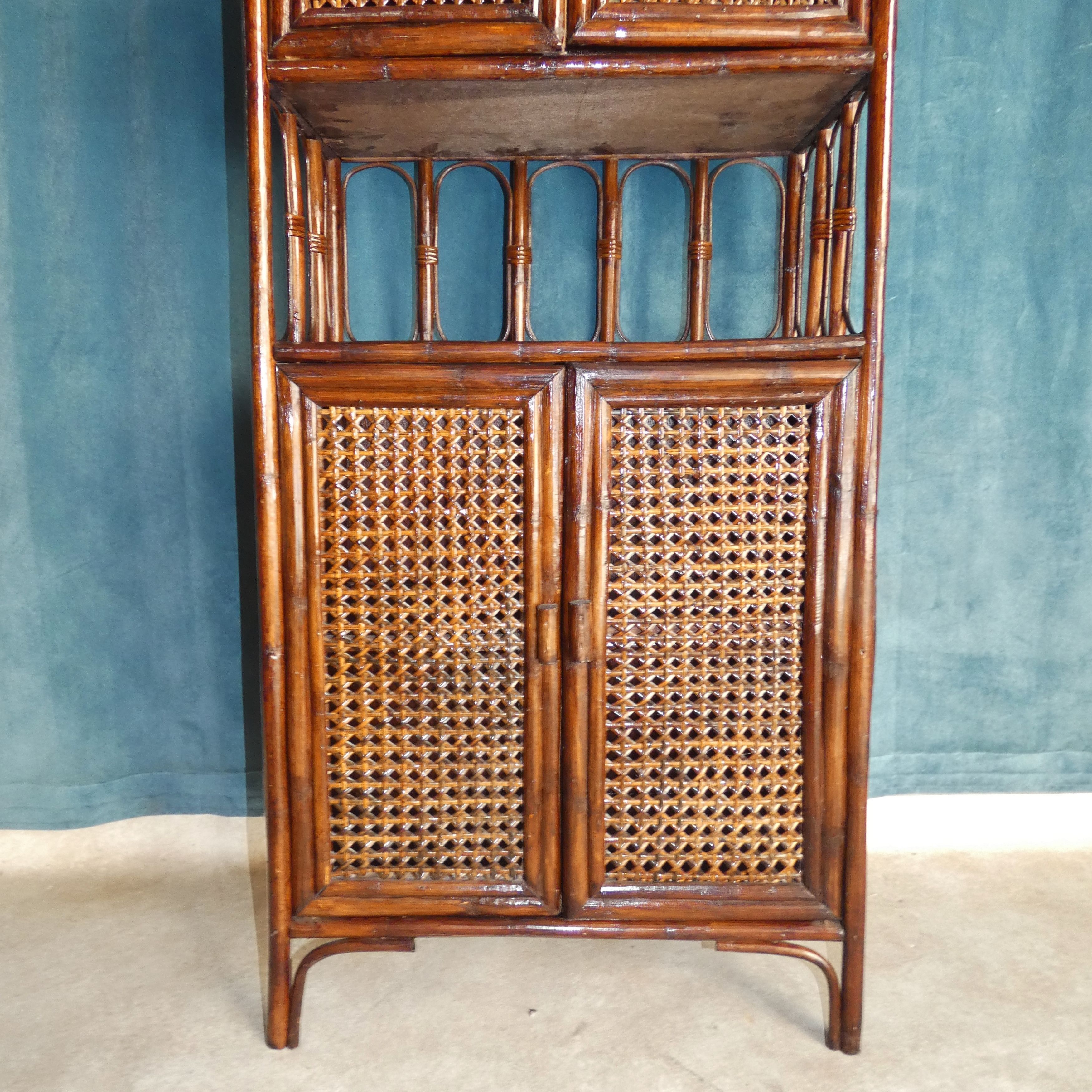 Library in Bamboo and Cane of Rattan Varnish Brown circa 1970 H 175 cm