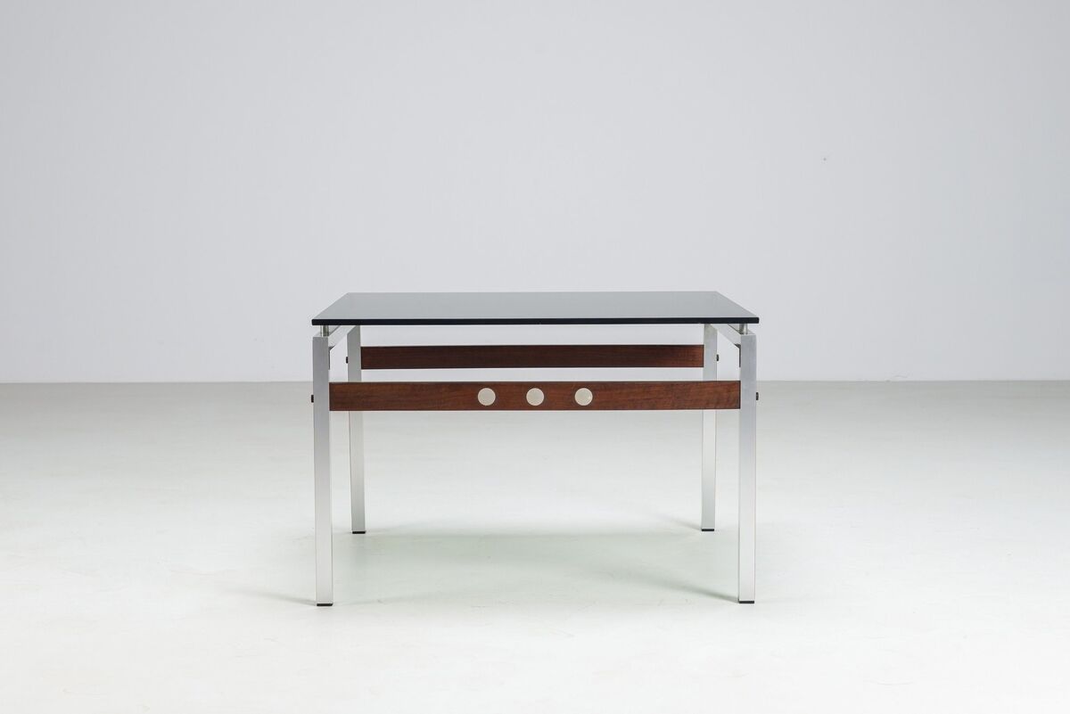 Scandinavian coffee table in metal, teak and smoked glass Denmark 1960