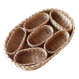 Wicker tray and 6 matching bowls.