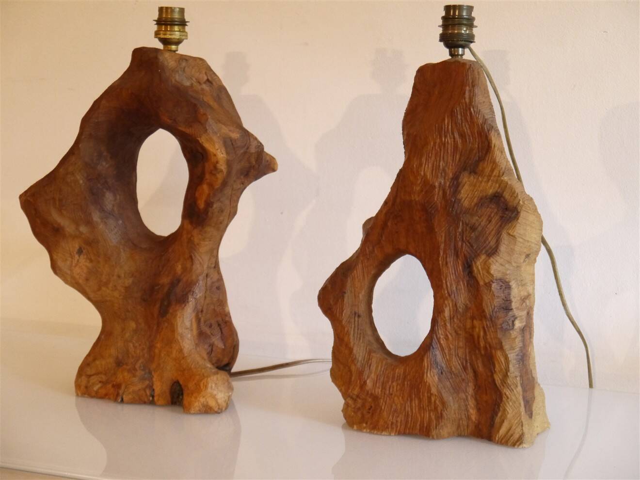 Brutalist pair of wooden lamps from the 1960s.
