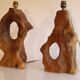 Brutalist pair of wooden lamps from the 1960s.