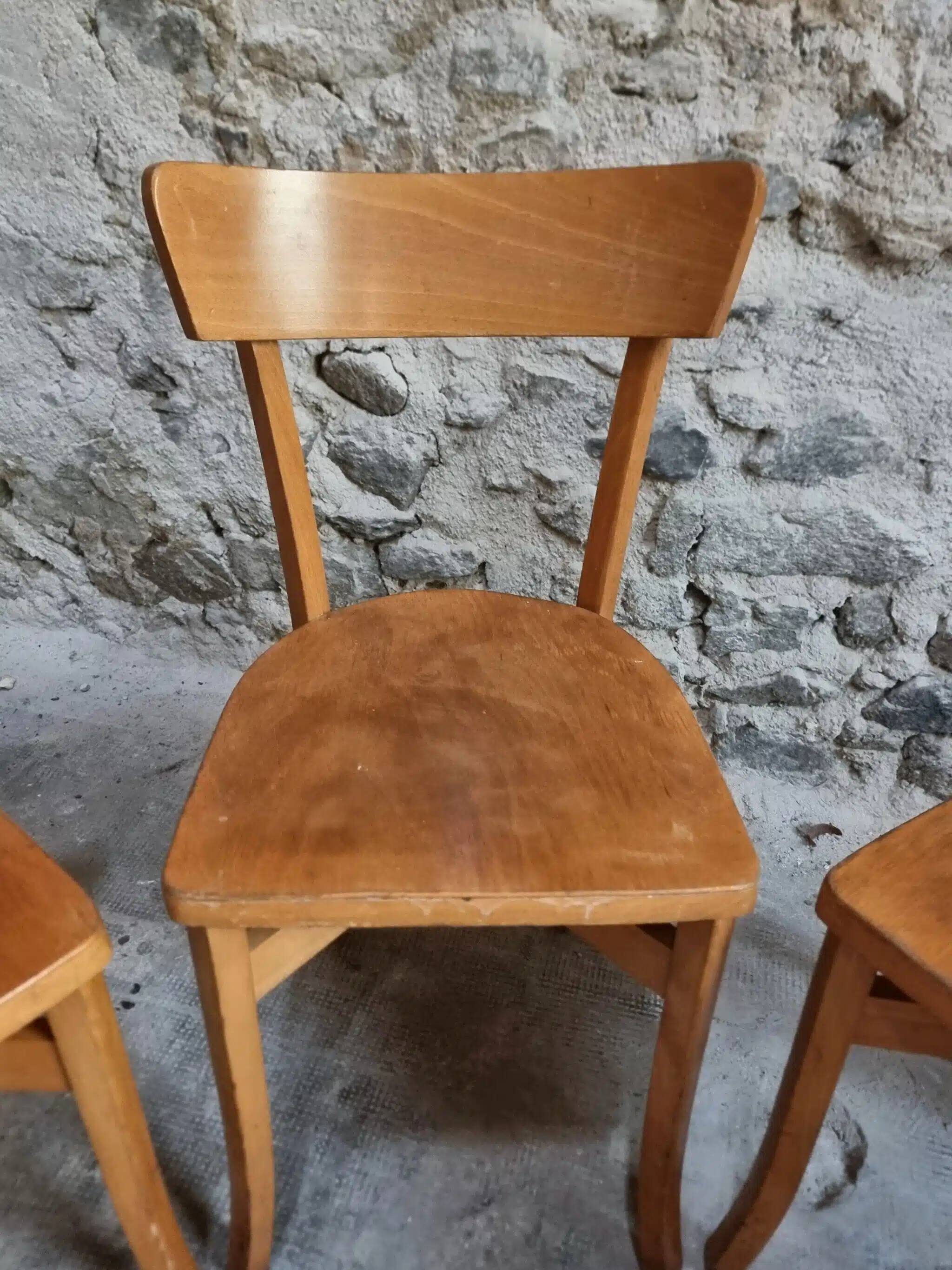Set of 4 French bistro chairs, beech and plywood, 1960s, mid-century dining chairs.